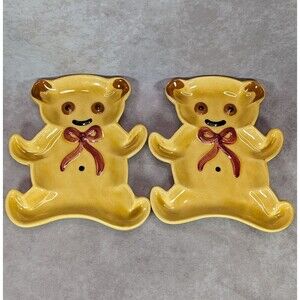 Set of 2 Vintage Los Angeles Potteries Teddy Bear Spoon Rest Snack Dish Plates